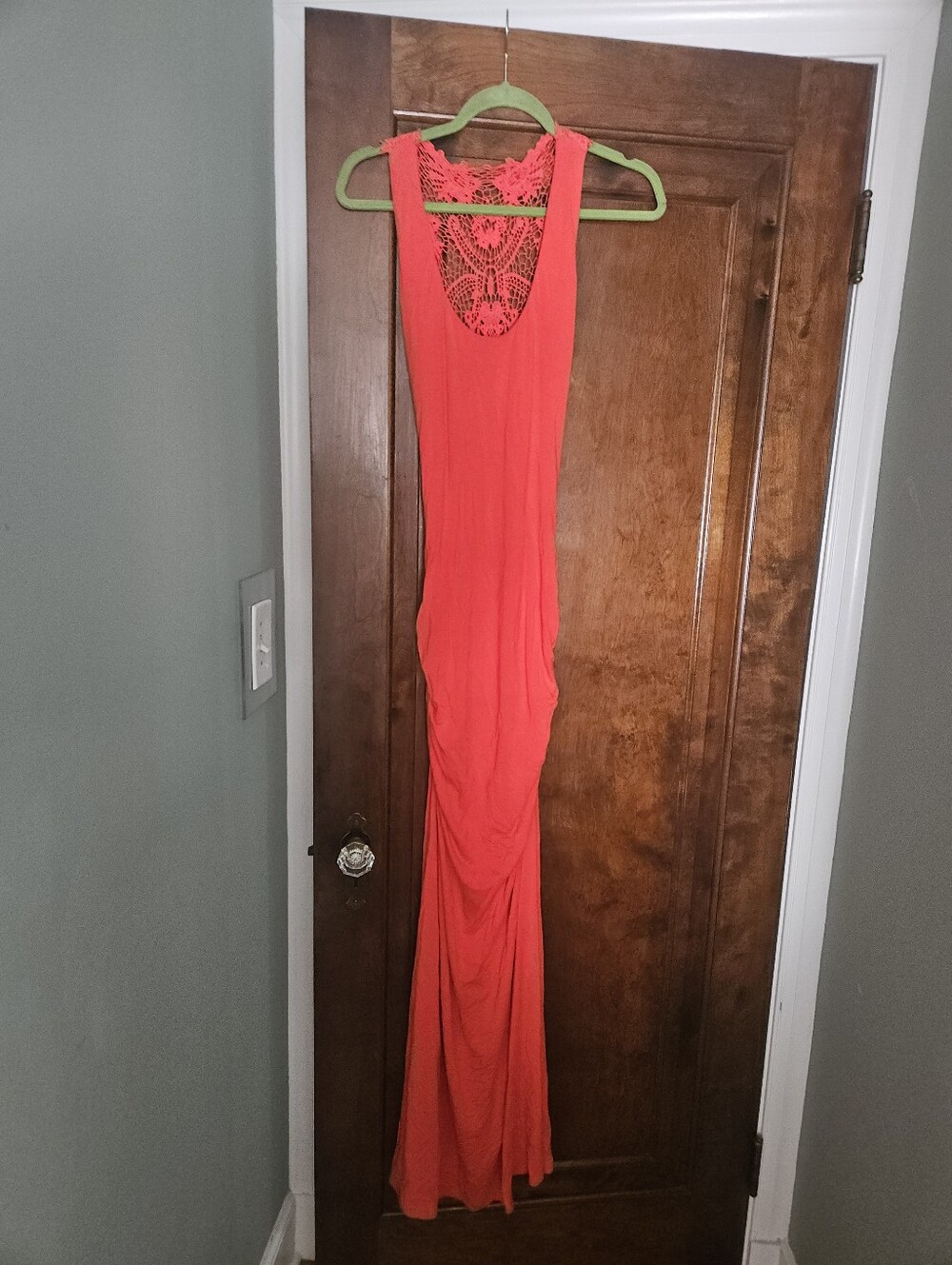Sky Coral-Red Sleeveless Maxi Dress with Crochet Lace Back